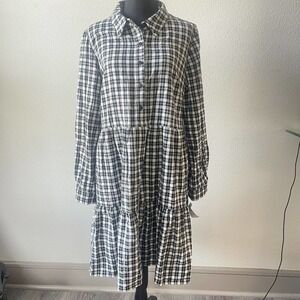 Eliza J Black & White Plaid Flannel Women’s Tiered Shirt Dress size 14, New